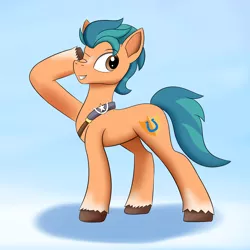 Size: 2700x2700 | Tagged: safe, artist:egstudios93, derpibooru import, hitch trailblazer, earth pony, pony, spoiler:g5, blue background, brown eyes, eyebrows, eyebrows visible through hair, g5, high res, image, male, one eye closed, png, shadow, simple background, smiling, solo, stallion, standing, unshorn fetlocks