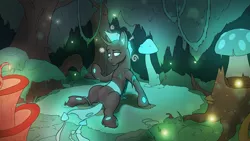Size: 3840x2160 | Tagged: safe, artist:cocaine, derpibooru import, changeling, commission, confused, forest, image, moss, mushroom, png, tree, waking up