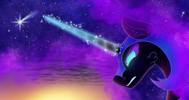 Size: 3192x1694 | Tagged: safe, artist:scarletextreme, derpibooru import, nightmare moon, alicorn, pony, blue mane, bust, cloud, colored pupils, ethereal mane, eyelashes, female, flowing mane, frown, glow, glowing horn, green eyes, gritted teeth, helmet, high res, horn, image, magic, magic aura, mare, png, sky, solo, starry mane, stars, sunlight, teeth