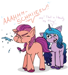 Size: 4779x5263 | Tagged: safe, artist:anyponedrawn, derpibooru import, izzy moonbow, sunny starscout, pony, colored, female, g5, humor, image, joke, mare, nostril flare, nostrils, png, sneeze spray, sneezing, snot