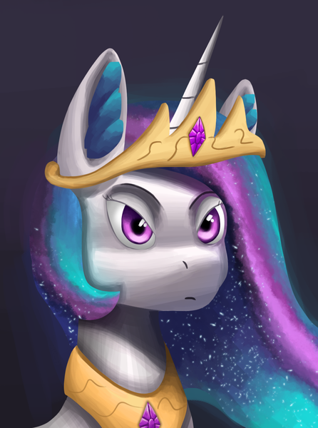 Size: 1000x1346 | Tagged: safe, artist:trotski432, derpibooru import, princess celestia, alicorn, pony, bust, crown, ear fluff, ethereal mane, female, haughty, image, jewelry, mare, png, portrait, regalia, simple background