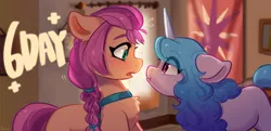 Size: 3694x1787 | Tagged: safe, artist:colorfulcolor233, derpibooru import, izzy moonbow, sunny starscout, earth pony, pony, unicorn, my little pony: a new generation, spoiler:my little pony: a new generation, chest fluff, countdown, g5, image, jpeg, open mouth, scene interpretation