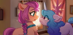 Size: 3694x1787 | Tagged: safe, alternate version, artist:colorfulcolor233, derpibooru import, izzy moonbow, sunny starscout, earth pony, pony, unicorn, my little pony: a new generation, spoiler:my little pony: a new generation, blushing, chest fluff, countdown, g5, image, jpeg, open mouth, scene interpretation, textless