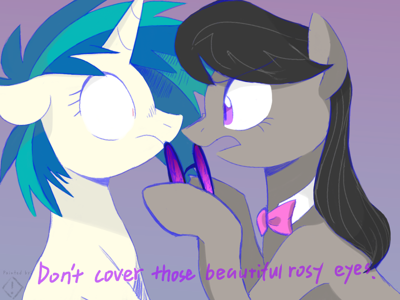 Size: 1600x1200 | Tagged: safe, artist:metaruscarlet, artist:yaco, derpibooru import, octavia melody, vinyl scratch, earth pony, pony, unicorn, boop, bowtie, colored, female, glasses, image, lesbian, mare, noseboop, open mouth, png, purple background, scratchtavia, shipping, simple background, vinyl's glasses