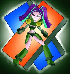 Size: 1700x1800 | Tagged: safe, artist:foxgearstudios, derpibooru import, aria blaze, equestria girls, abstract background, crossover, digimon, female, fusion, image, jpeg, megagargomon, smiling, solo