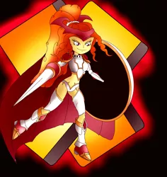 Size: 1700x1800 | Tagged: safe, artist:foxgearstudios, derpibooru import, adagio dazzle, equestria girls, abstract background, armor, crossover, digimon, female, fusion, gallantmon, image, jpeg, shield, smiling, solo, spear, weapon