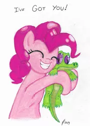 Size: 1101x1536 | Tagged: safe, artist:lennondash, derpibooru import, gummy, pinkie pie, alligator, earth pony, pony, bust, cute, diapinkes, eyes closed, female, grin, hug, image, mare, png, simple background, smiling, text, traditional art, white background