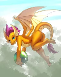 Size: 4000x5000 | Tagged: suggestive, artist:mykegreywolf, derpibooru import, smolder, dragon, absurd resolution, ball, bedroom eyes, butt, commission, dragoness, featureless crotch, female, flying, image, looking at you, png, smolderriere, solo, solo female