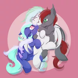 Size: 2000x2000 | Tagged: safe, artist:rhythmpixel, derpibooru import, oc, oc:ivory mint, oc:river chime, oc:shadow storm, unofficial characters only, bat pony, pegasus, pony, bat pony oc, bat wings, female, hug, image, male, mare, png, stallion, wings