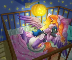 Size: 2526x2100 | Tagged: suggestive, artist:wittleskaj, derpibooru import, princess luna, oc, oc:spooky skies, alicorn, pony, abdl, adult foal, alicorn oc, crib, diaper, diaper fetish, female, fetish, frog (hoof), halloween, holiday, horn, hug, image, jack-o-lantern, mare, one eye closed, pacifier, plushie, png, poofy diaper, pumpkin, snuggling, underhoof, wings