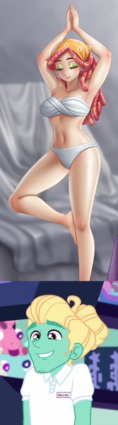 Size: 428x1535 | Tagged: suggestive, alternate version, artist:racoonsan, derpibooru import, edit, screencap, tree hugger, zephyr breeze, human, equestria girls, equestria girls series, holidays unwrapped, spoiler:eqg series (season 2), armpits, bare shoulders, barefoot, bra, breasts, busty tree hugger, cleavage, clothes, cropped, cute, dashing through the mall, eyes closed, eyeshadow, feet, female, hippie, human coloration, humanized, image, legs, makeup, male, model, modeling, painting, panties, png, pose, sexy, shipping, shipping domino, smiling, straight, studio, surprised, twist bandeau, underwear, white underwear, zephyrbetes, zephyrhugger