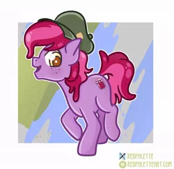 Size: 908x881 | Tagged: safe, artist:redpalette, derpibooru import, oc, oc:jelly, earth pony, pony, abstract background, cute, earth pony oc, hat, image, jpeg, male, smiling, stallion