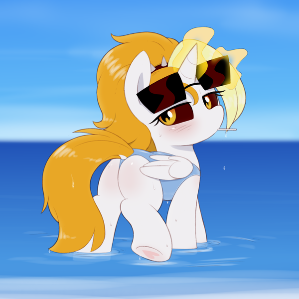 Size: 1446x1446 | Tagged: suggestive, artist:shinodage, ponybooru import, oc, oc:dyx, unofficial characters only, alicorn, pony, alicorn oc, beach, blushing, butt, clothes, dock, female, filly, foal, foalcon, heart, heart hoof, horn, image, looking at you, looking back, looking back at you, one-piece swimsuit, plot, png, rear view, side view, solo, solo female, sunglasses, swimsuit, underage, water, wet, wings