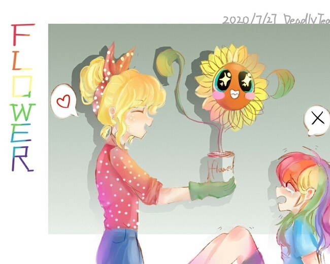 Size: 650x520 | Tagged: safe, artist:过激黛西妈妈粉, derpibooru import, applejack, rainbow dash, human, equestria girls, appledash, blush sticker, blushing, eyes closed, female, flower, grin, humanized, image, jpeg, lesbian, nightmare sunflower, open mouth, open smile, scared, shipping, smiling, sparkly eyes, sunflower, tears of fear, teary eyes, wingding eyes