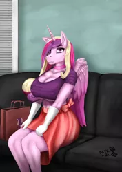 Size: 1447x2047 | Tagged: suggestive, artist:mik3thestrange, derpibooru import, princess cadance, alicorn, anthro, braless, breasts, busty princess cadance, casting couch, clothes, couch, female, image, png, sitting, skirt, solo