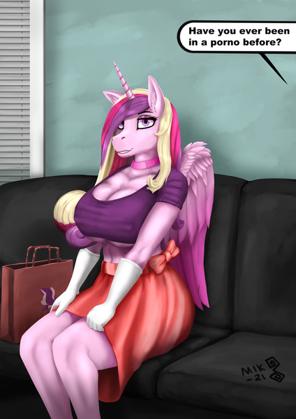 Size: 1447x2047 | Tagged: suggestive, artist:mik3thestrange, derpibooru import, princess cadance, alicorn, anthro, big breasts, braless, breasts, busty princess cadance, casting couch, clothes, couch, erect nipples, female, huge breasts, image, nipple outline, offscreen character, png, porn dialogue, sitting, skirt, solo, solo female, underboob