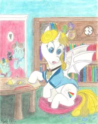 Size: 1180x1485 | Tagged: safe, artist:pianoflagerag, derpibooru import, twilight sparkle, oc, oc:flaxen smallharp, oc:guiding light, bat pony, unicorn, ballerina, bookshelf, clothes, cushion, food, image, mango, png, prank, torn clothes, traditional art, transformation, tutu, twilarina