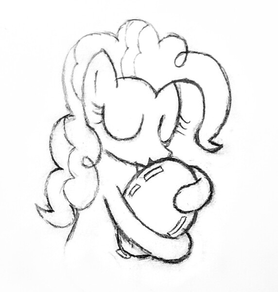 Size: 1304x1369 | Tagged: safe, artist:mizhisha, derpibooru import, pinkie pie, balloon, black and white, cuddling, cute, eyes closed, grayscale, hug, image, jpeg, kissing, monochrome, pencil drawing, sketch, solo, that pony sure does love balloons, traditional art