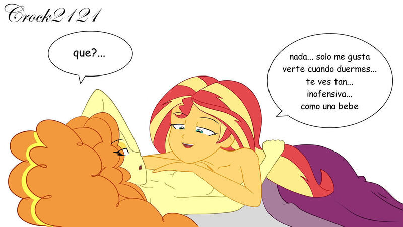 Size: 1280x721 | Tagged: suggestive, artist:crock2121, derpibooru import, adagio dazzle, sunset shimmer, equestria girls, blanket, breasts, clothes, comic, dialogue, duo, duo female, female, females only, gazing, image, jpeg, lesbian, lying down, lying on top of someone, nudity, partial nudity, shipping, spanish, strategically covered, sunsagio, topless, translated in the description