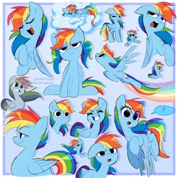 Size: 2500x2500 | Tagged: safe, artist:syrupyyy, derpibooru import, rainbow dash, pegasus, pony, alternate hairstyle, cloud, cute, dashabetes, eyes closed, eyes open, female, floppy ears, flying, gritted teeth, image, looking down, open mouth, pigtails, png, question mark, rainbow dash is not amused, sleeping, smiling, unamused