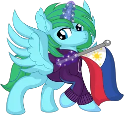 Size: 6917x6420 | Tagged: safe, artist:cyanlightning, derpibooru import, oc, oc:winter leaf, unofficial characters only, alicorn, pony, .svg available, absurd resolution, clothes, flag, hoodie, image, male, philippines, png, simple background, stallion, transparent background, vector