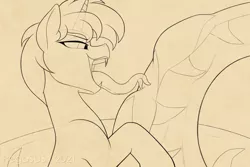 Size: 1280x853 | Tagged: suggestive, artist:suspega, derpibooru import, oc, oc:liasis, lamia, original species, pony, unicorn, bulge licking, fangs, forked tongue, image, kitchen eyes, licking, long tongue, male, monochrome, open mouth, png, simple background, sketch, tail, tail bulge, tan background, tight bulge, tongue out, vore