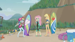 Size: 3410x1920 | Tagged: safe, derpibooru import, screencap, applejack, fluttershy, rainbow dash, snails, snips, blue crushed, equestria girls, equestria girls series, applejack's hat, barefoot, beach, cap, clothes, cowboy hat, feet, female, geode of fauna, geode of super speed, geode of super strength, hairpin, hand on hip, hat, high res, image, jewelry, jpeg, magical geodes, male, necklace, open mouth, smiling, surfboard, swimsuit