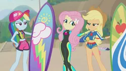 Size: 3410x1920 | Tagged: safe, derpibooru import, screencap, applejack, fluttershy, rainbow dash, blue crushed, equestria girls, equestria girls series, applejack's hat, beach, belly button, cap, clothes, cowboy hat, cute, female, geode of fauna, geode of super speed, geode of super strength, hairpin, hat, high res, image, jewelry, jpeg, magical geodes, midriff, necklace, shyabetes, smiling, surfboard, swimsuit