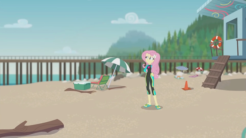 Size: 3410x1920 | Tagged: safe, derpibooru import, screencap, fluttershy, blue crushed, equestria girls, equestria girls series, beach, clothes, female, geode of fauna, hairpin, high res, image, jewelry, jpeg, magical geodes, necklace, sandals, swimsuit