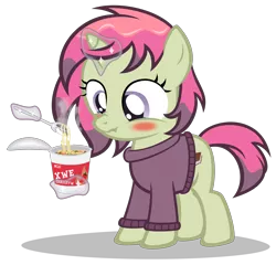 Size: 3420x3280 | Tagged: safe, artist:strategypony, derpibooru import, oc, oc:spicy flavor, unofficial characters only, pony, unicorn, blushing, clothes, cup noodles, eating, female, filly, fork, glow, glowing horn, horn, image, magic, png, simple background, solo, solo female, spicy, sweater, telekinesis, transparent background, unicorn oc
