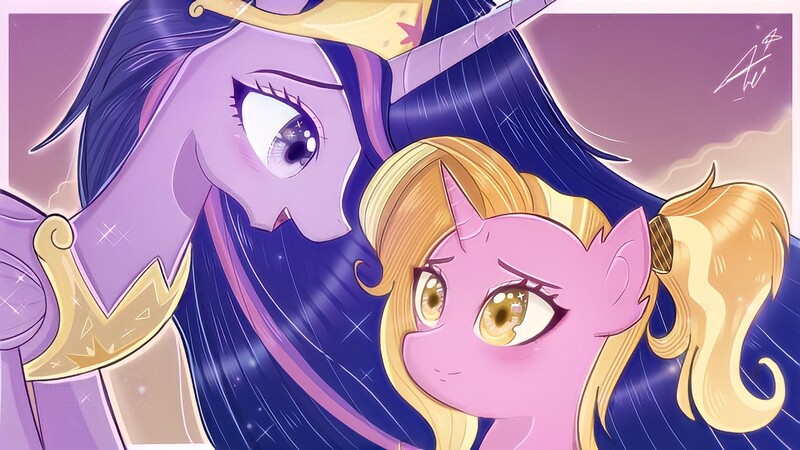 Size: 1470x826 | Tagged: safe, artist:namieart, derpibooru import, luster dawn, princess twilight 2.0, twilight sparkle, twilight sparkle (alicorn), alicorn, pony, unicorn, the last problem, duo, duo female, female, image, jpeg, mare, older, older twilight, scene interpretation, the magic of friendship grows