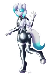 Size: 739x1081 | Tagged: suggestive, artist:aphybreas, derpibooru import, oc, oc:cold front, anthro, pegasus, unguligrade anthro, collar, image, latex, latex suit, looking at you, looking back, looking back at you, one eye closed, png, smiling, smiling at you, solo, wink, winking at you