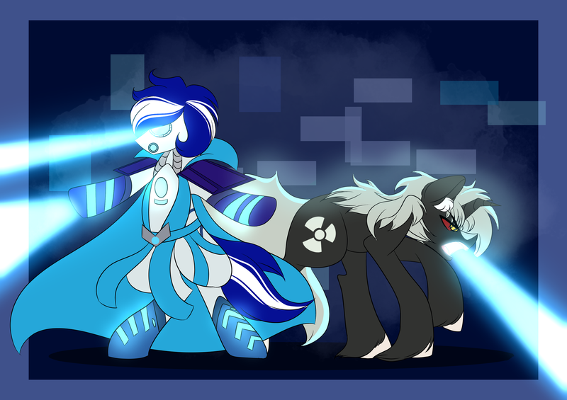 Size: 2048x1446 | Tagged: safe, artist:mikkybun, derpibooru import, oc, oc:ivislor, ponified, cyborg, cyborg pony, pony, fanfic:the bridge, blue eyes, blue hair, cape, clothes, commission, duo, fanfic art, godzilla, godzilla (series), image, laser, png, radioactive, superhero, toho