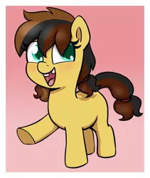 Size: 1306x1550 | Tagged: safe, artist:heretichesh, derpibooru import, oc, unofficial characters only, earth pony, pony, blank flank, cute, female, filly, gradient background, image, jpeg, ocbetes, open mouth, open smile, pigtails, raised hoof, smiling, solo, tooth gap, underhoof
