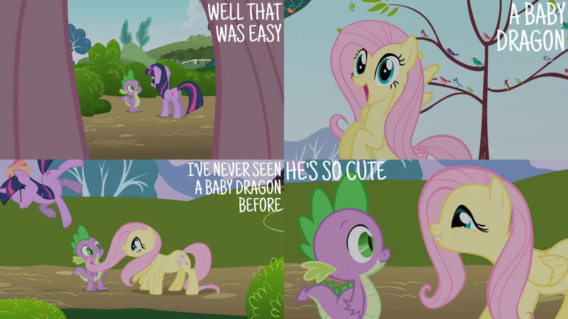 Size: 1280x720 | Tagged: safe, derpibooru import, edit, edited screencap, editor:quoterific, screencap, fluttershy, spike, twilight sparkle, bird, dragon, pegasus, pony, unicorn, friendship is magic, season 1, eyes closed, female, flying, image, jpeg, male, mare, open mouth, unicorn twilight