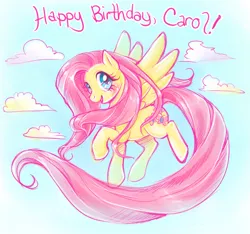 Size: 550x514 | Tagged: safe, artist:penanggalan, derpibooru import, fluttershy, pegasus, pony, happy birthday, image, jpeg, long tail, sky background, solo, tail