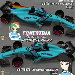 Size: 4096x4096 | Tagged: safe, derpibooru import, octavia melody, rainbow dash, fanfic, fanfic:equestria motorsports, equestria girls, ferrari, formula 1, forza motorsport 7, human coloration, image, livery, looking at you, png, smiling, smirk, teammates