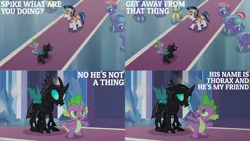 Size: 1280x720 | Tagged: safe, derpibooru import, edit, edited screencap, editor:quoterific, screencap, shining armor, spike, thorax, changeling, pegasus, pony, unicorn, season 6, the times they are a changeling, armor, crystal guard, crystal guard armor, image, male, open mouth, png, royal guard, stallion