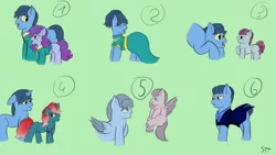 Size: 1192x670 | Tagged: safe, artist:schumette14, derpibooru import, oc, oc:gospel blues, oc:jazzy bop, oc:smoky quartz, oc:sweet song, unofficial characters only, earth pony, pegasus, pony, unicorn, adoption, alternate universe, clothes, colt, ear fluff, earth pony oc, female, filly, floppy ears, foal, green background, green eyes, horn, image, male, mare, multiverse, pegasus oc, png, red eyes, rule 63, signature, simple background, stallion, toe tapper, unicorn oc, universe, unshorn fetlocks, wings, yellow eyes