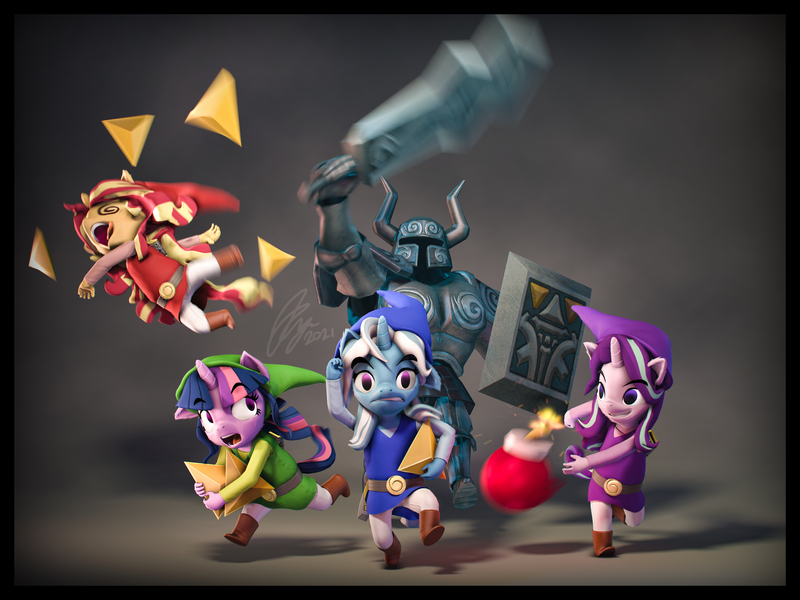 Size: 7200x5400 | Tagged: safe, artist:imafutureguitarhero, derpibooru import, sci-twi, starlight glimmer, sunset shimmer, trixie, twilight sparkle, anthro, plantigrade anthro, pony, unicorn, 3d, absurd resolution, bomb, border, cap, cheek fluff, chin fluff, chromatic aberration, clothes, crossover, ear fluff, elf hat, eyebrows, eyebrows visible through hair, faic, female, film grain, floppy ears, fluffy, freckles, fur, grin, hat, holding, horn, image, jpeg, link, link's hat, link's tunic, mare, motion blur, nose wrinkle, open mouth, peppered bacon, phantom, revamped ponies, running, running away, scabbard, shadow, shield, signature, smiling, source filmmaker, swirly eyes, sword, the legend of zelda, the legend of zelda: phantom hourglass, the legend of zelda: the wind waker, throwing, tongue out, tunic, wall of tags, weapon, younger