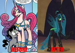 Size: 852x600 | Tagged: safe, derpibooru import, idw, screencap, king sombra, princess amore, queen chrysalis, changeling, changeling queen, crystal pony, pony, fiendship is magic, frenemies (episode), spoiler:comic, spoiler:comicfiendshipismagic1, before and after, colt, colt sombra, cropped, crown, female, image, jewelry, male, official comic, open mouth, png, raised hoof, regalia, smiling, theory, wide eyes, younger