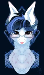 Size: 1400x2400 | Tagged: safe, artist:lickedrainbows, derpibooru import, oc, oc:soaring spirit, pegasus, pony, :p, abstract background, bust, chest fluff, coat markings, facial markings, flower, fluffy, glasses, image, looking at you, markings, neck fluff, pegasus oc, png, tongue out, wings