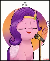 Size: 1850x2250 | Tagged: safe, artist:fchelon, derpibooru import, pipp petals, pegasus, pony, abstract background, eyes closed, g5, image, jpeg, looking at you, microphone, open mouth, poster, singing