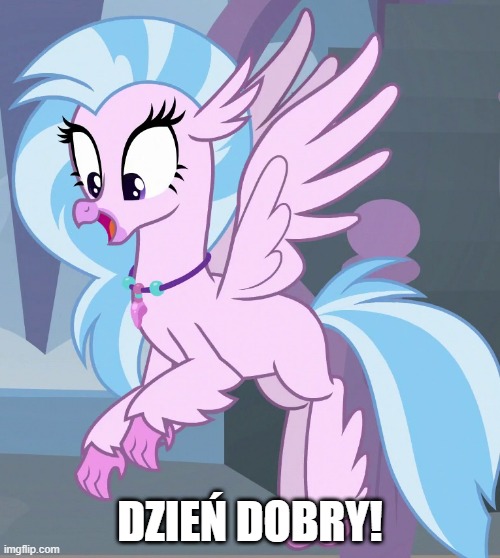 Size: 500x558 | Tagged: safe, derpibooru import, edit, edited screencap, screencap, silverstream, classical hippogriff, hippogriff, school daze, cropped, dzień dobry, female, flying, image, jewelry, jpeg, necklace, polish, solo