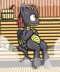 Size: 1000x1200 | Tagged: safe, alternate version, artist:vadytwy, derpibooru import, oc, unofficial characters only, dracony, dragon, hybrid, pony, bathhouse, blushing, dreadlocks, folded wings, image, jpeg, male, sauna, shy, sitting, solo, steam, sweat, sweatdrops, tail, towel, wings