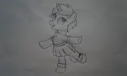 Size: 2560x1536 | Tagged: safe, artist:peternators, derpibooru import, oc, oc:heroic armour, unofficial characters only, pony, unicorn, clothes, colt, crossdressing, dancing, dress, fake eyelashes, femboy, happy, image, jpeg, male, monochrome, shoes, sketch, socks, teenager, traditional art