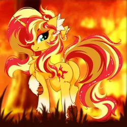 Size: 2500x2500 | Tagged: safe, artist:rurihal, derpibooru import, sunset shimmer, pony, unicorn, bunset shimmer, butt, chest fluff, dock, ear fluff, female, image, looking at you, mare, plot, png, smiling, smiling at you, solo, tail