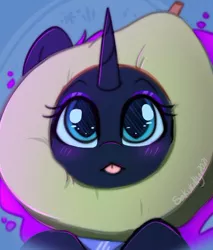 Size: 362x425 | Tagged: safe, artist:sakukitty, derpibooru import, nightmare moon, :p, avocado, behaving like a cat, blushing, cute, food, image, jpeg, missing accessory, moonabetes, plushie, ponified animal photo, solo, tongue out, weapons-grade cute