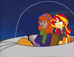 Size: 1053x810 | Tagged: safe, artist:guihercharly, derpibooru import, sunset shimmer, equestria girls, crossover, daphne blake, driving, glass dome, image, png, scooby doo, space car, spaceship, the jetsons