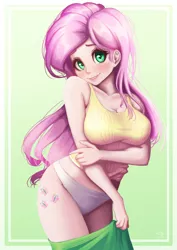 Size: 706x1000 | Tagged: suggestive, artist:the-park, ponybooru import, fluttershy, human, big breasts, blushing, breasts, busty fluttershy, cleavage, clothes, cutie mark on human, female, green background, humanized, image, panties, png, simple background, solo, solo female, tanktop, underwear, undressing, white panties, white underwear